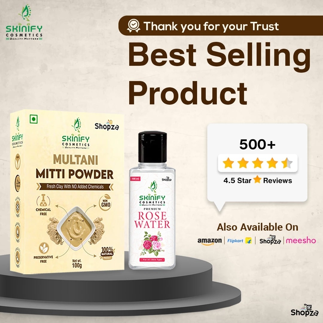 Combo Multani Mitti & Rose Water – 100% Pure & Natural for Skin Brightening, Hydration & Oil Control | 100gm + 100ml