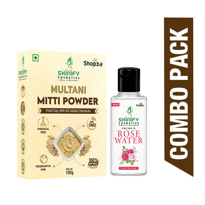 Combo Multani Mitti & Rose Water – 100% Pure & Natural for Skin Brightening, Hydration & Oil Control | 100gm + 100ml